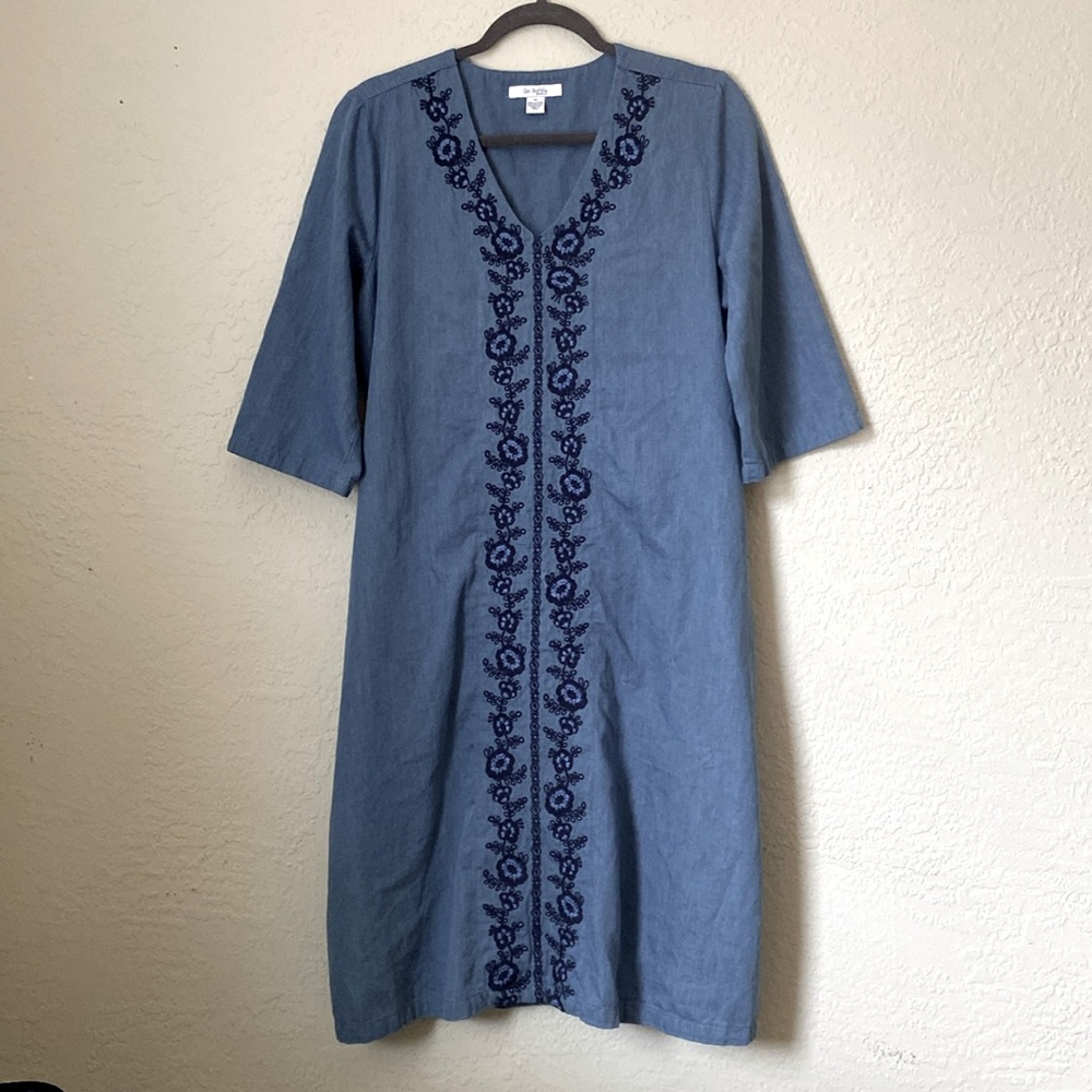 Go Softly Patio Embroidered Blue Dress Denim 3/4 Flare Sleeve Pockets Sz Medium